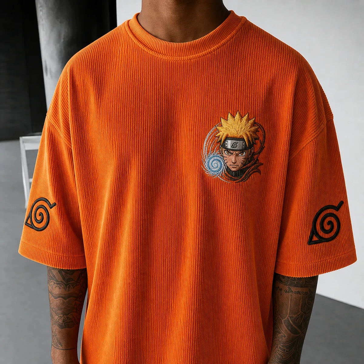 Unisex Oversized Anime-Print Vertical-Stripe Short-Sleeve T-Shirt