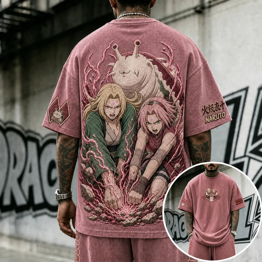 Unisex Anime-Style Retro Corduroy Oversized T-Shirt