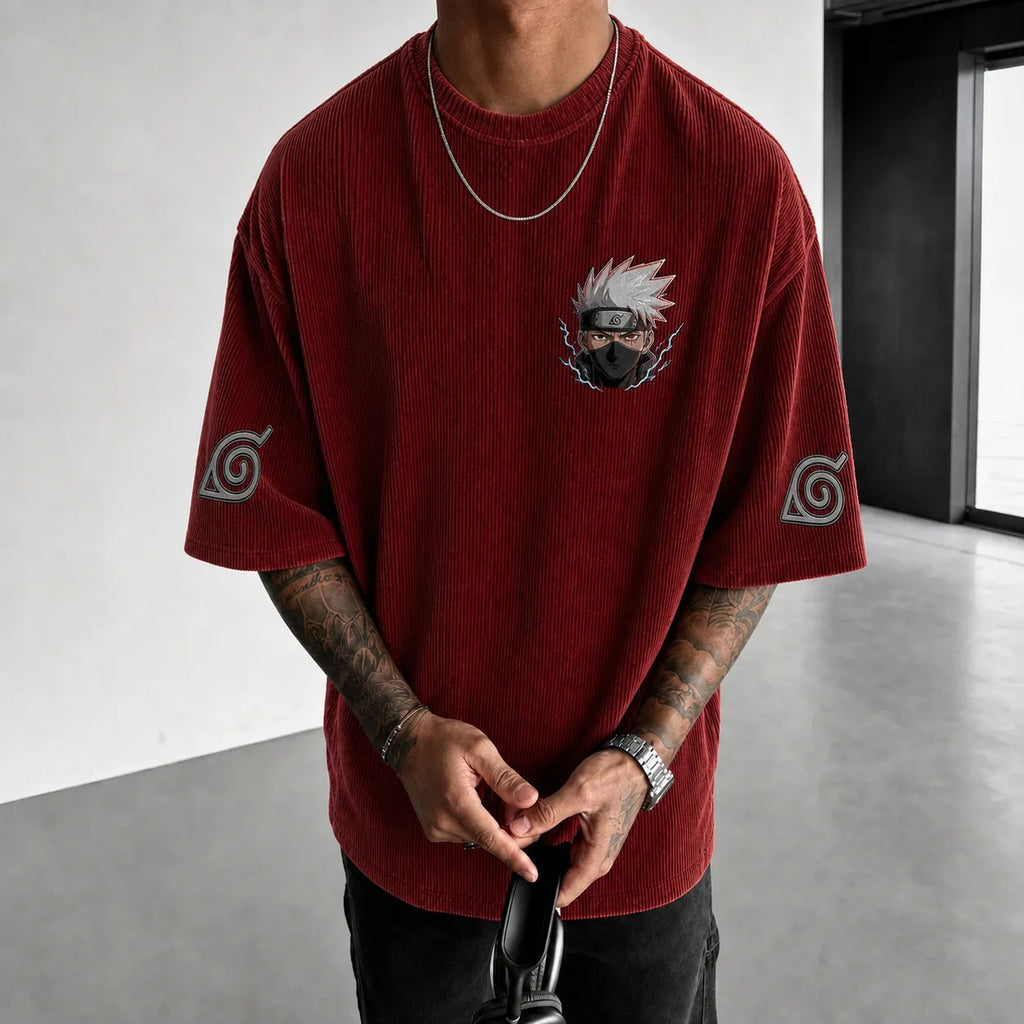 Unisex Oversized Anime-Print Vertical-Stripe Short-Sleeve T-Shirt