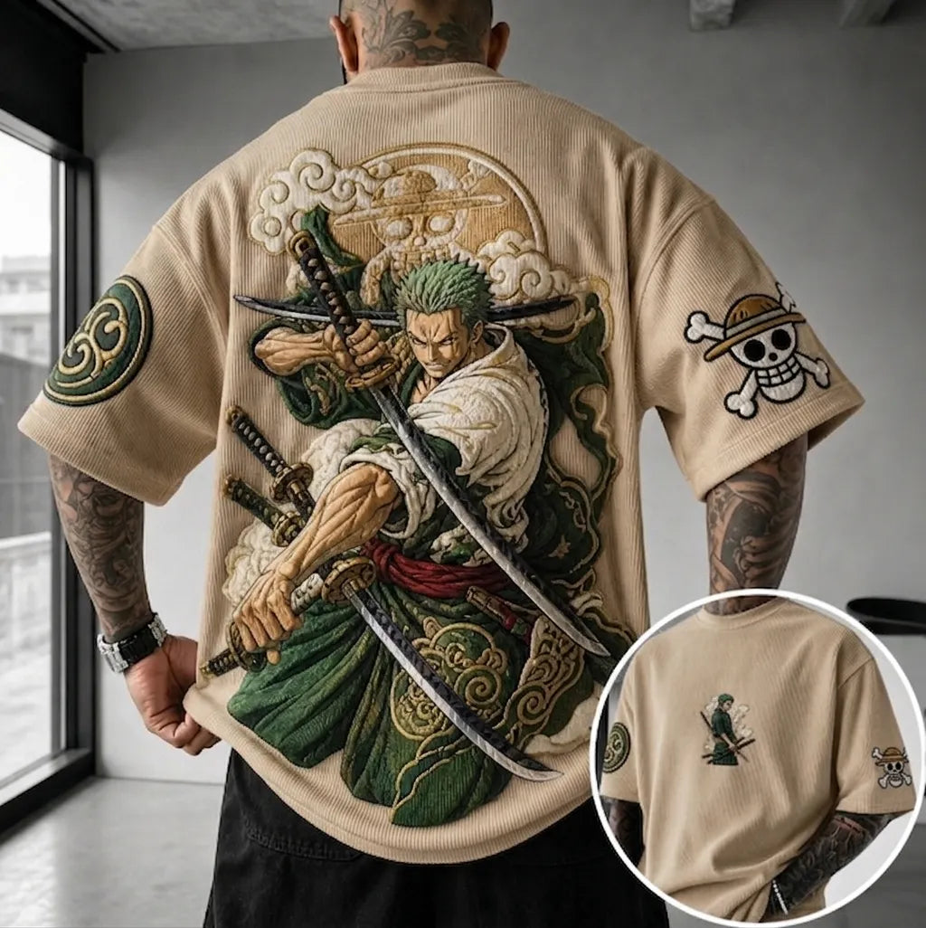 Unisex Anime-Style Retro Corduroy Oversized T-Shirt