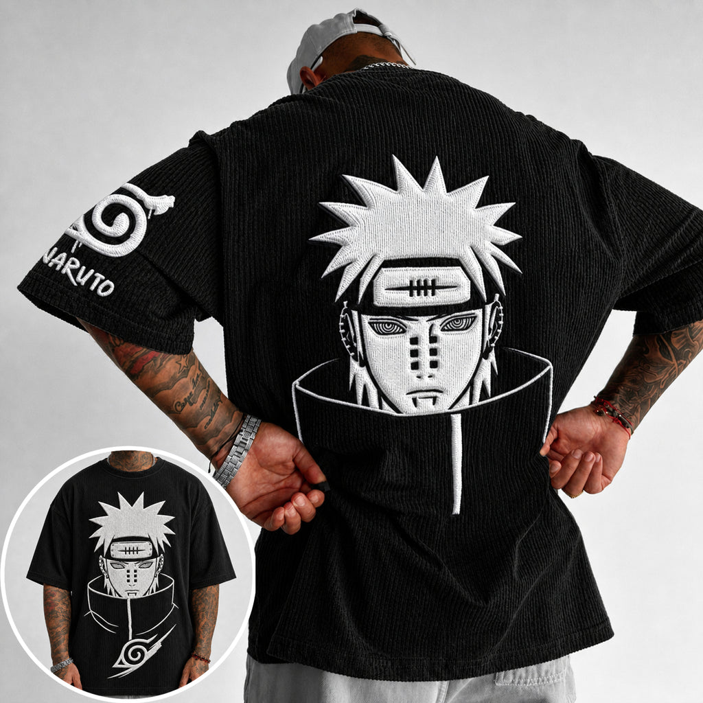 Unisex Anime-Style Retro Corduroy Oversized T-Shirt