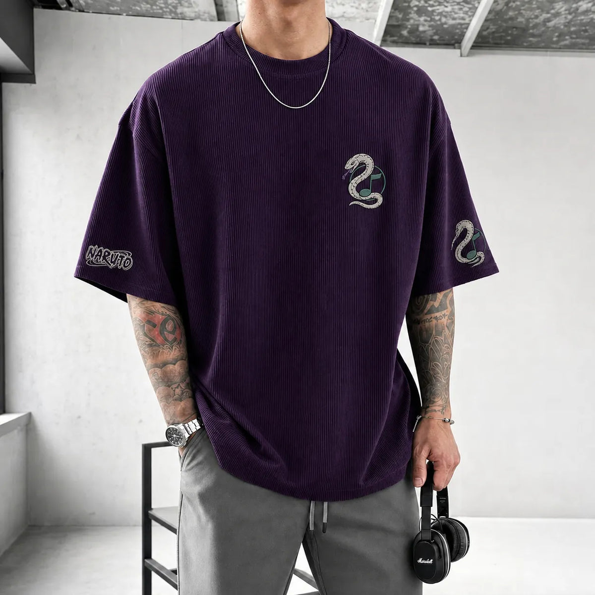 Unisex Anime-Style Retro Corduroy Oversized T-Shirt