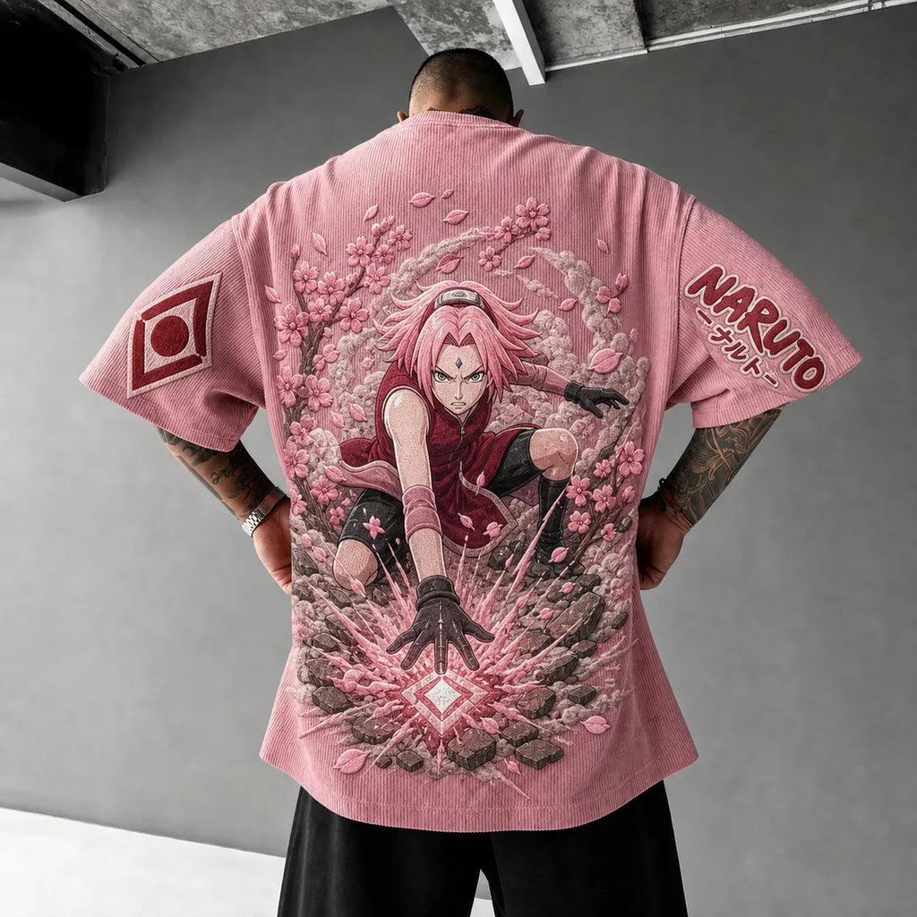 Unisex Anime-Style Retro Corduroy Oversized T-Shirt