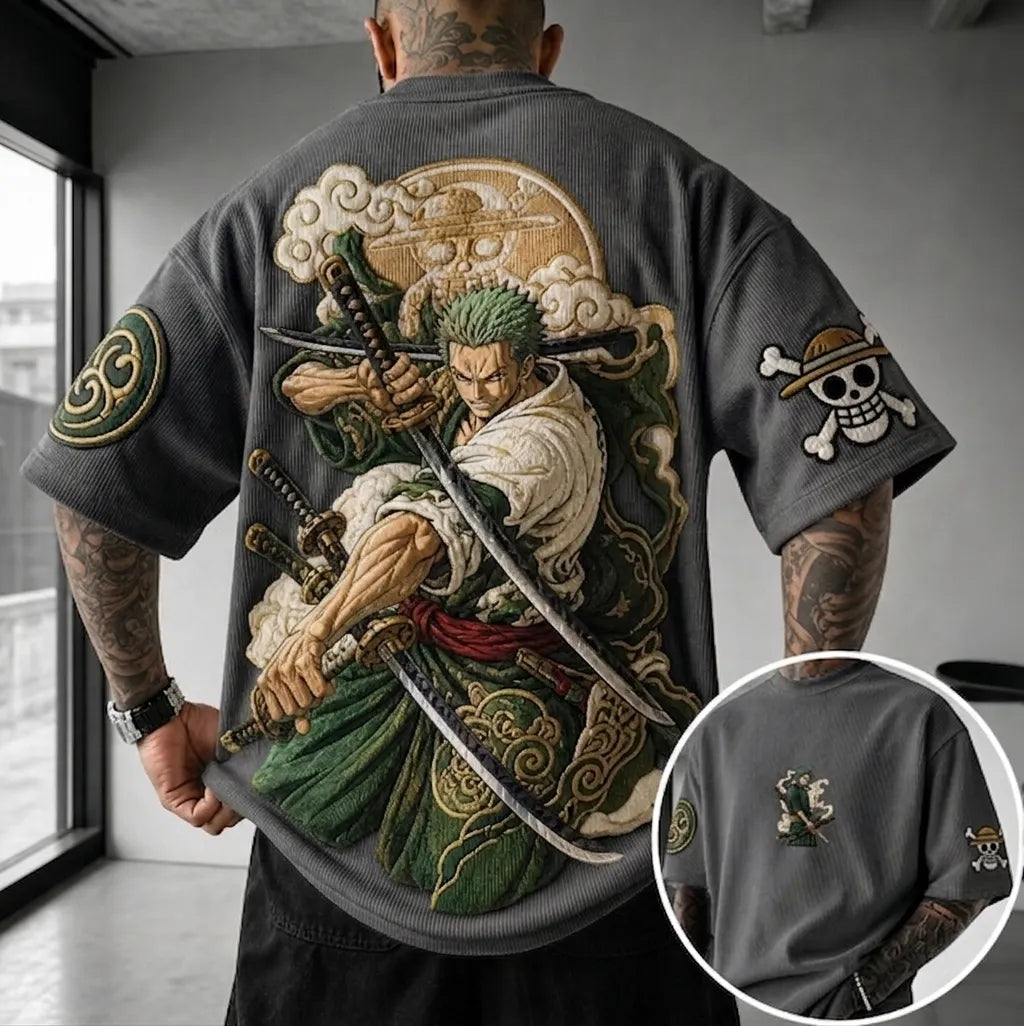 Unisex Anime-Style Retro Corduroy Oversized T-Shirt