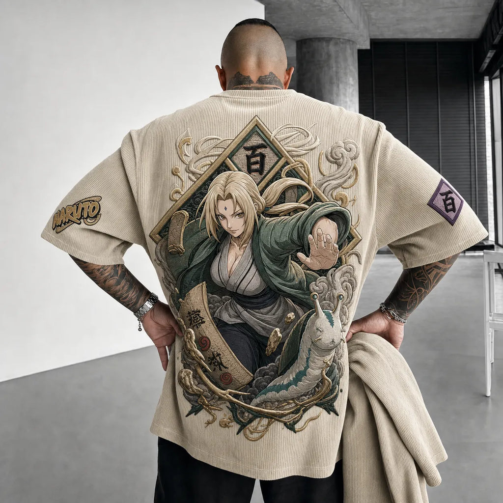 Unisex Anime-Style Retro Corduroy Oversized T-Shirt