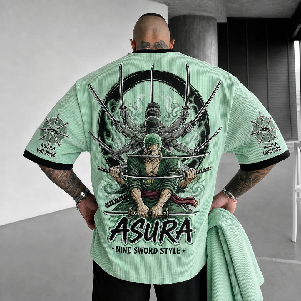 Unisex Short-Sleeve Corduroy T-Shirt With Anime Print