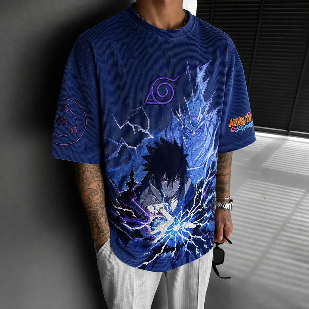 Unisex Oversized Anime-Print Vertical-Stripe Short-Sleeve T-Shirt