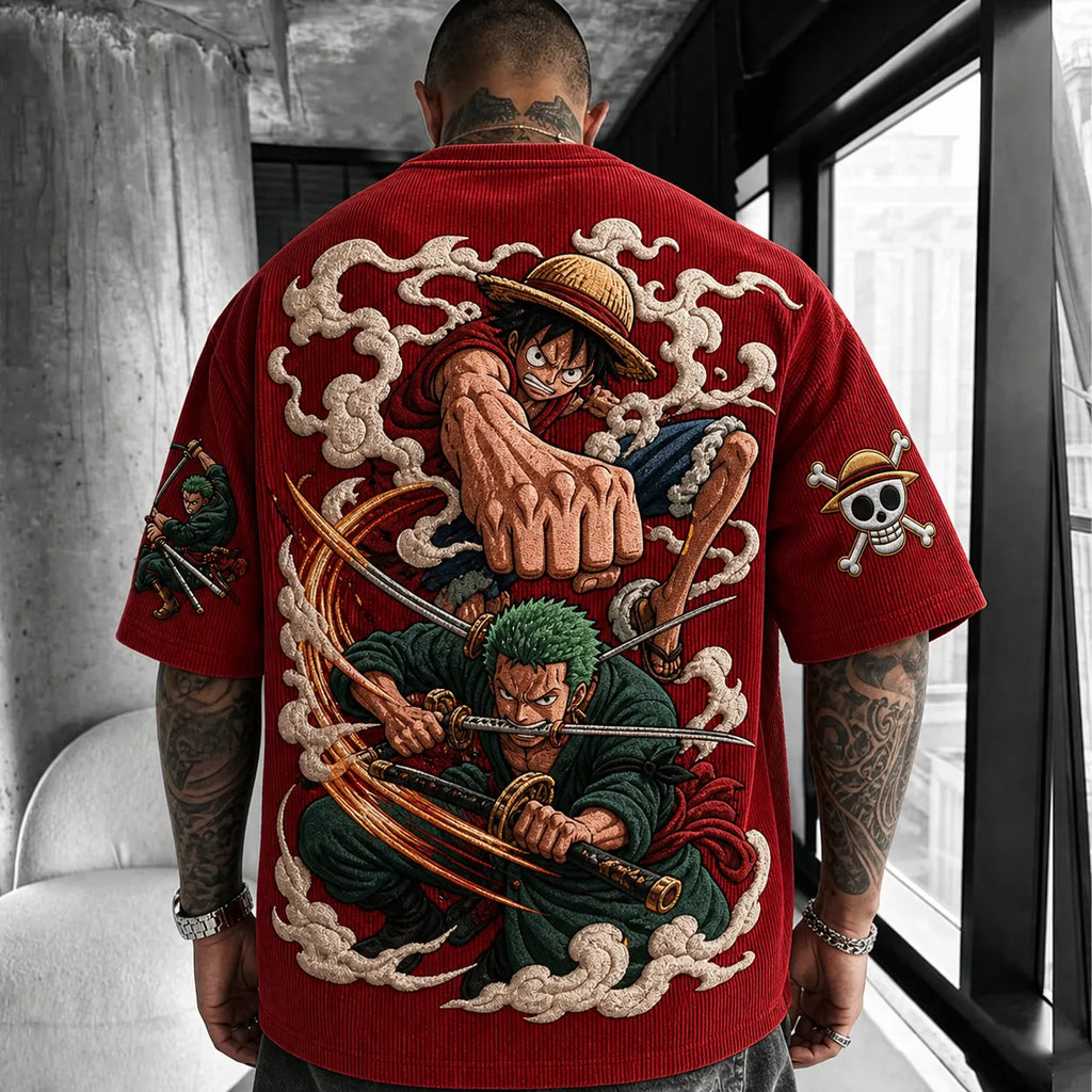 Unisex Anime-Style Retro Corduroy Oversized T-Shirt