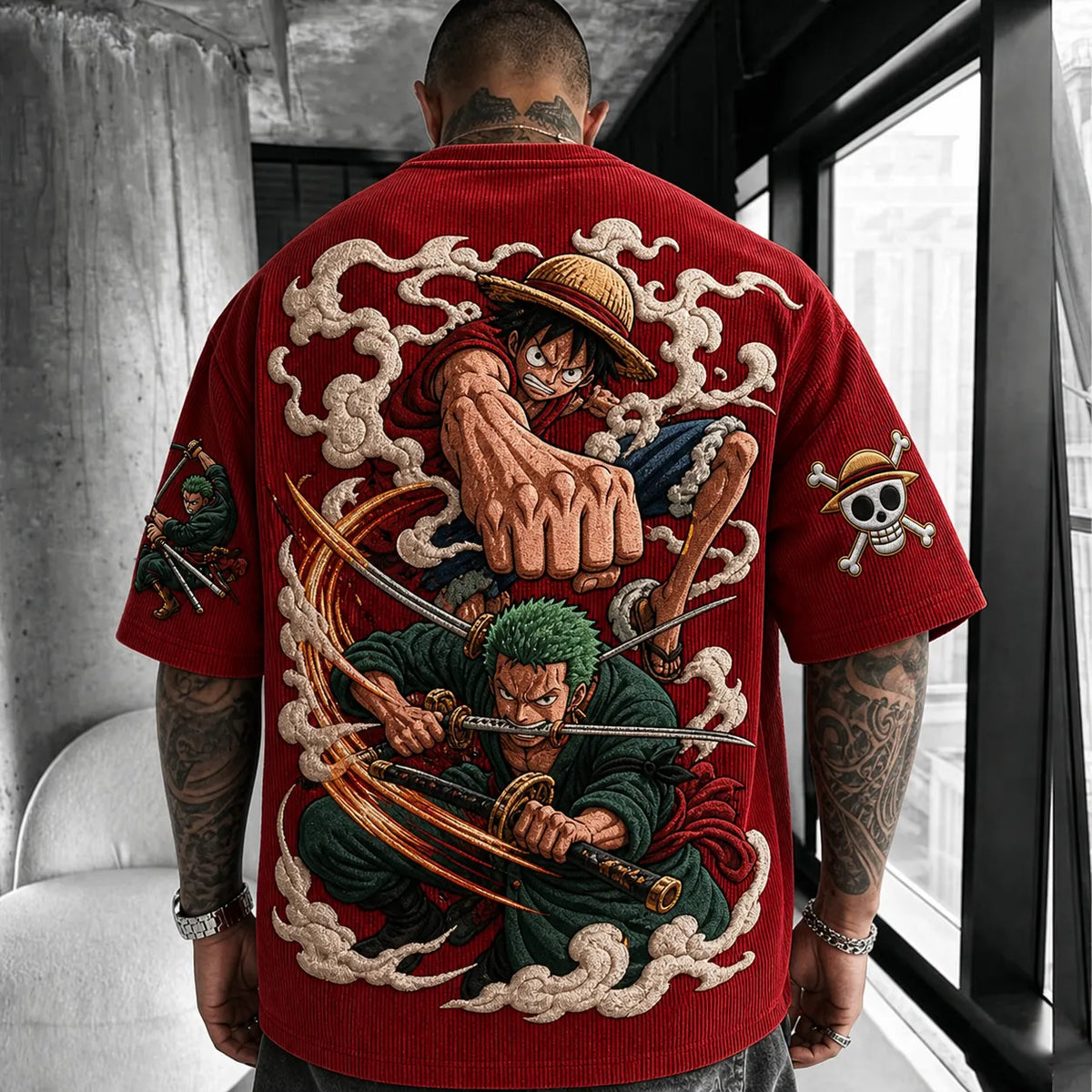 Unisex Anime-Style Retro Corduroy Oversized T-Shirt