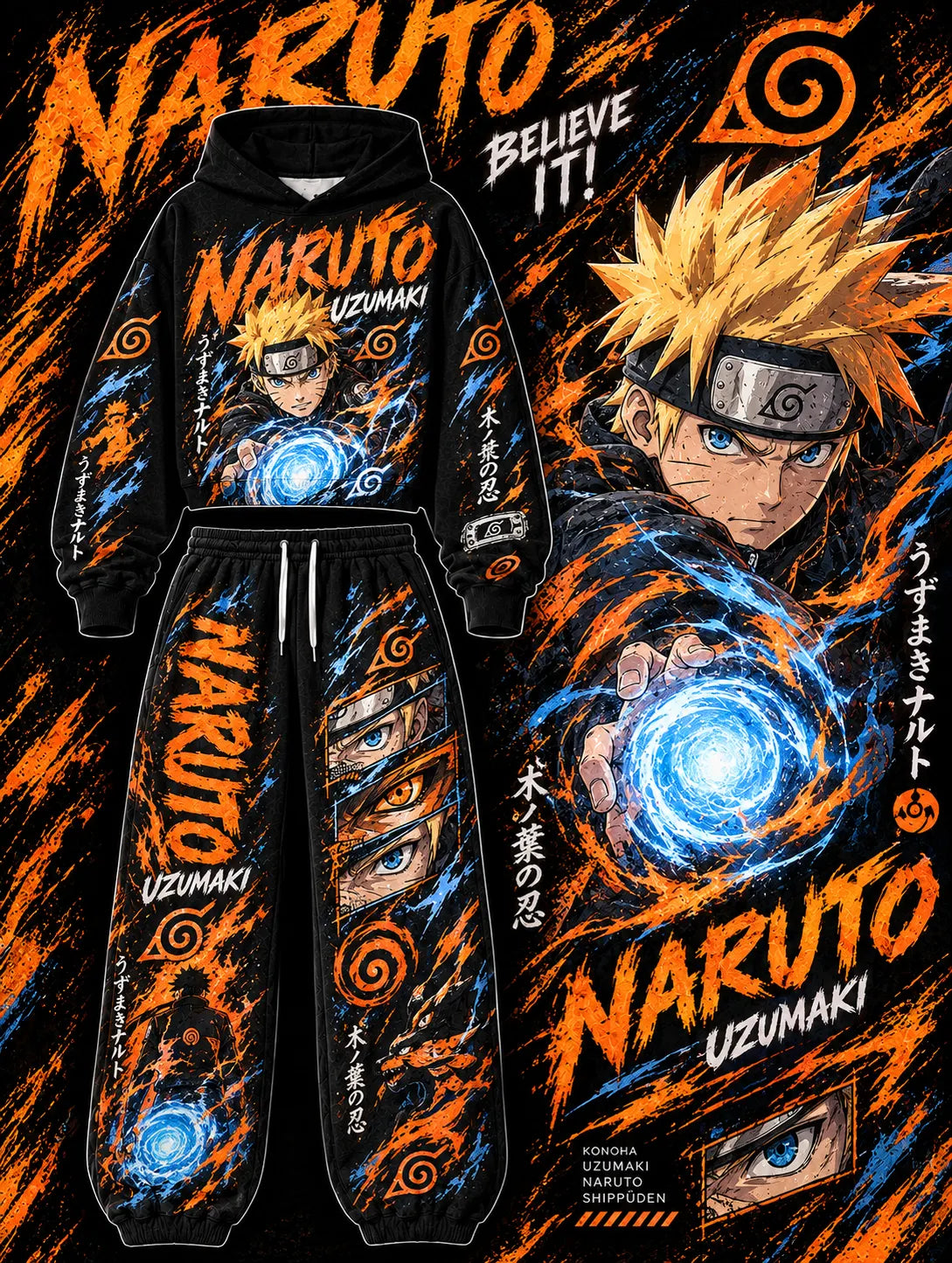 Naruto Uzumaki Women's Cropped Long Sleeve Hoodie & High Waist Jogger Pants Two Piece Tracksuit Set