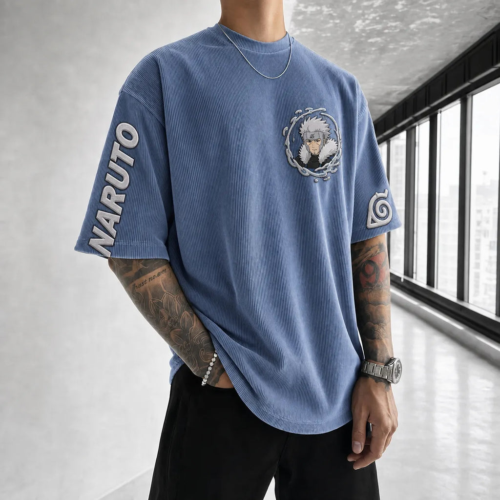Unisex Anime-Style Retro Corduroy Oversized T-Shirt