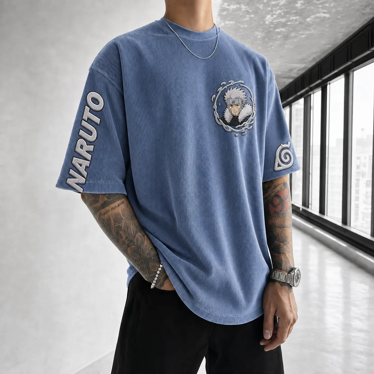 Unisex Anime-Style Retro Corduroy Oversized T-Shirt