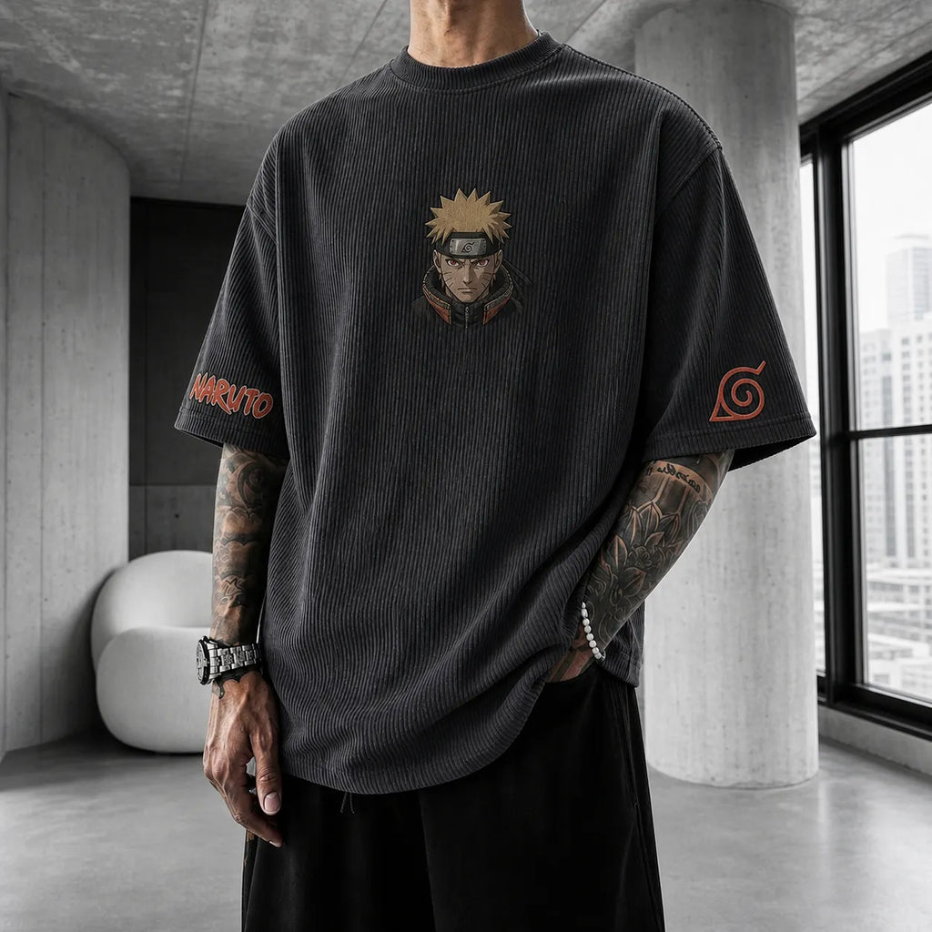 Unisex Anime-Style Retro Corduroy Oversized T-Shirt