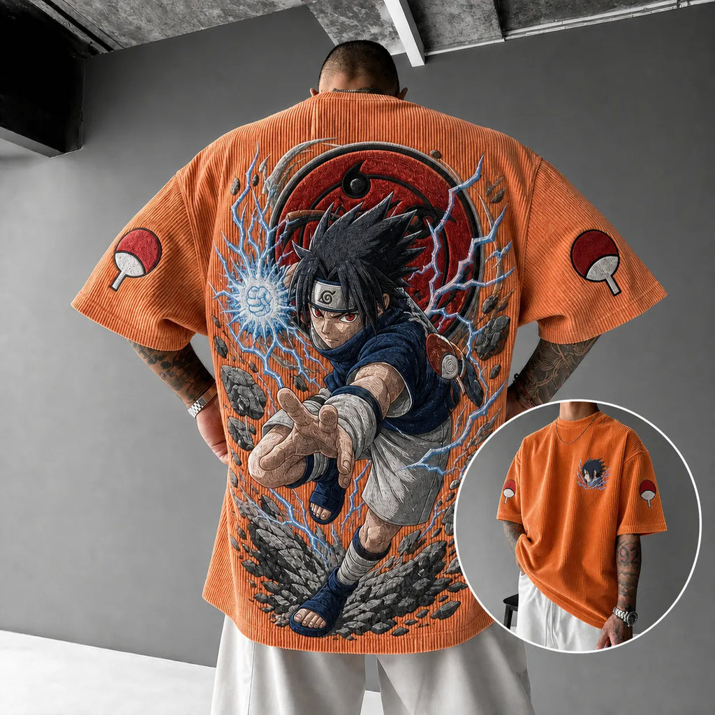 Unisex Oversized Anime-Print Vertical-Stripe Short-Sleeve T-Shirt