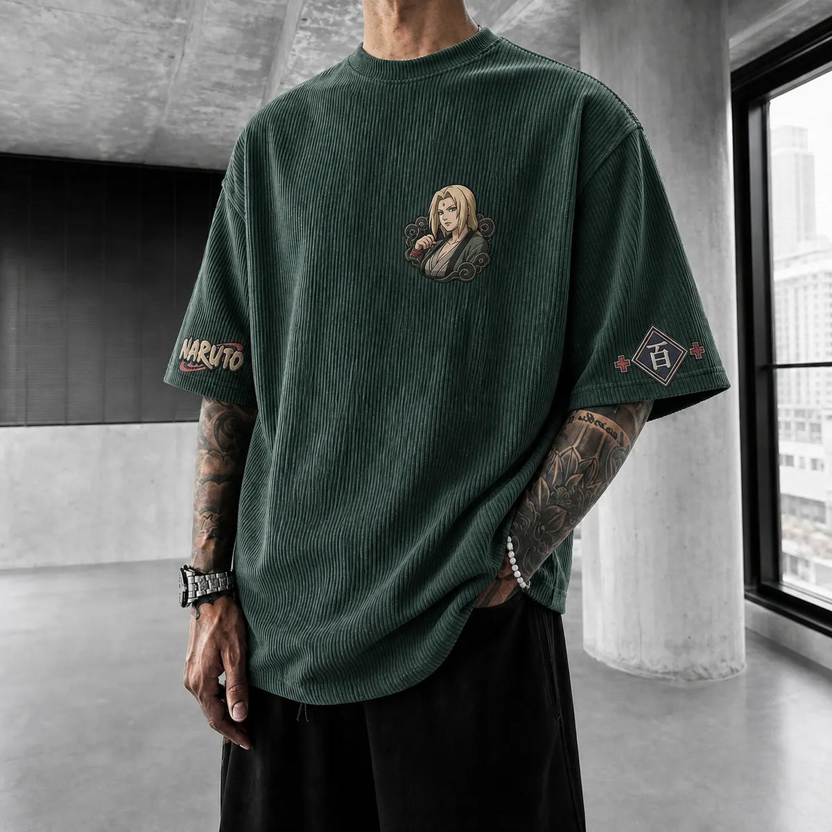 Unisex Anime-Style Retro Corduroy Oversized T-Shirt