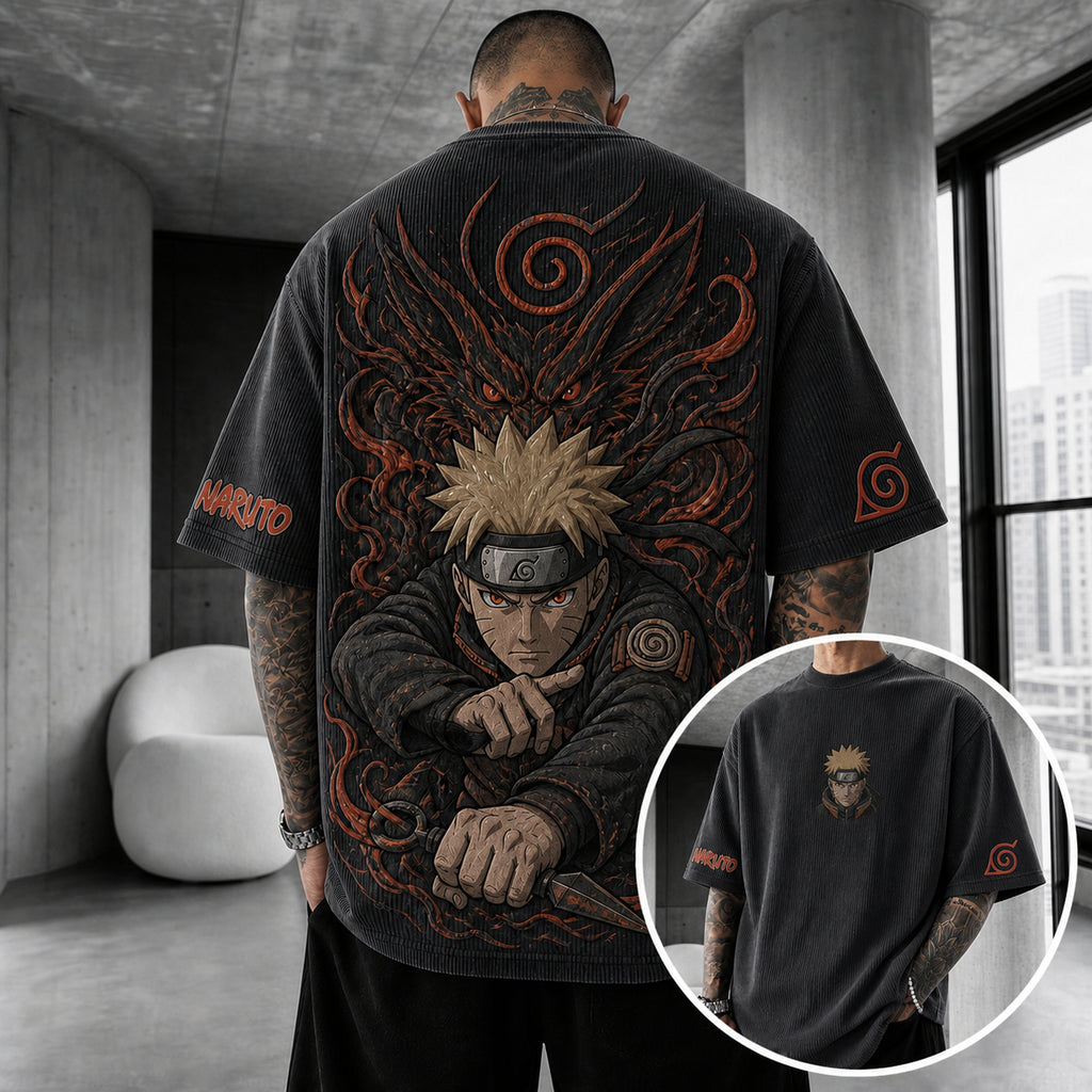 Unisex Anime-Style Retro Corduroy Oversized T-Shirt