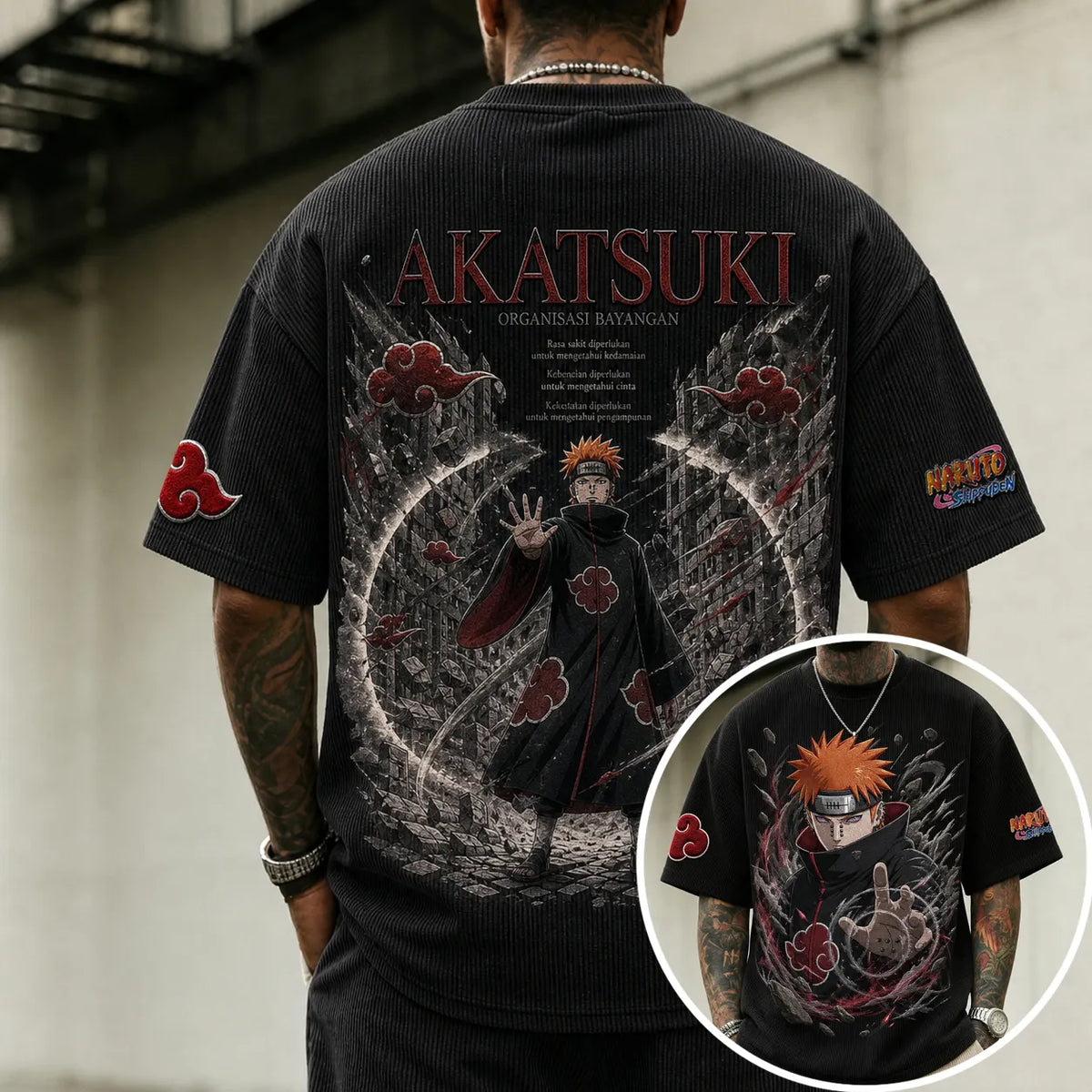 Unisex Oversized Anime-Print Vertical-Stripe Short-Sleeve T-Shirt