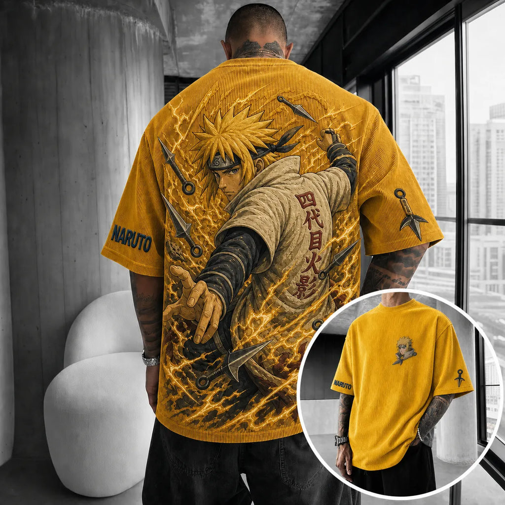 Unisex Anime-Style Retro Corduroy Oversized T-Shirt