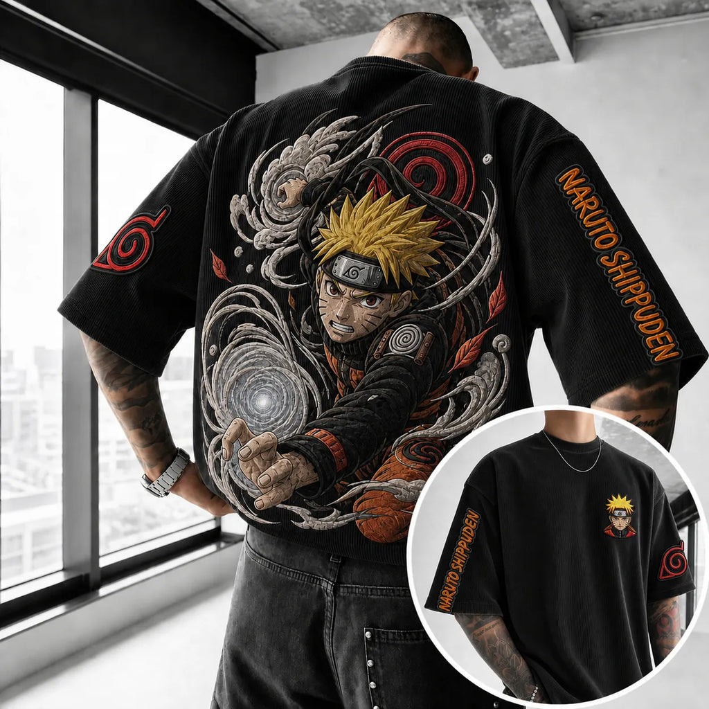 Unisex Anime-Style Retro Corduroy Oversized T-Shirt