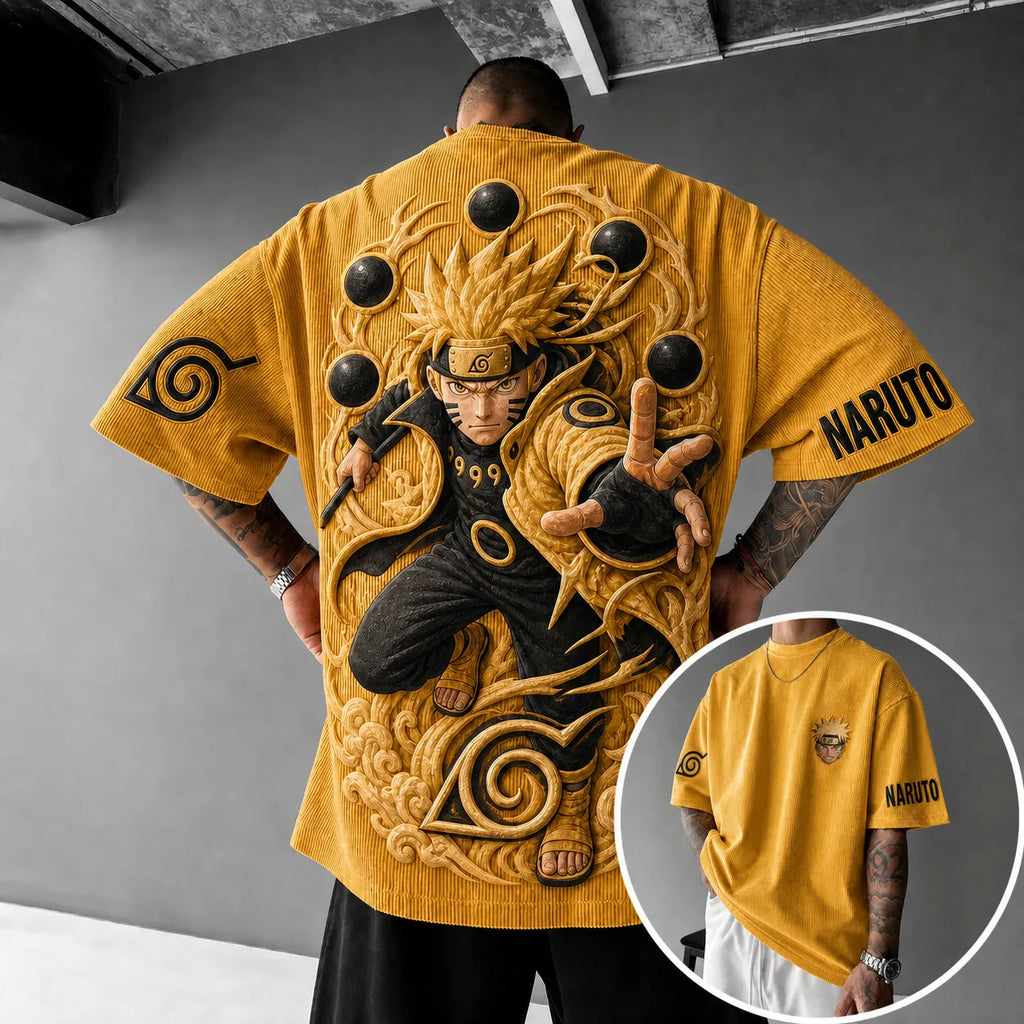 Unisex Anime-Style Retro Corduroy Oversized T-Shirt