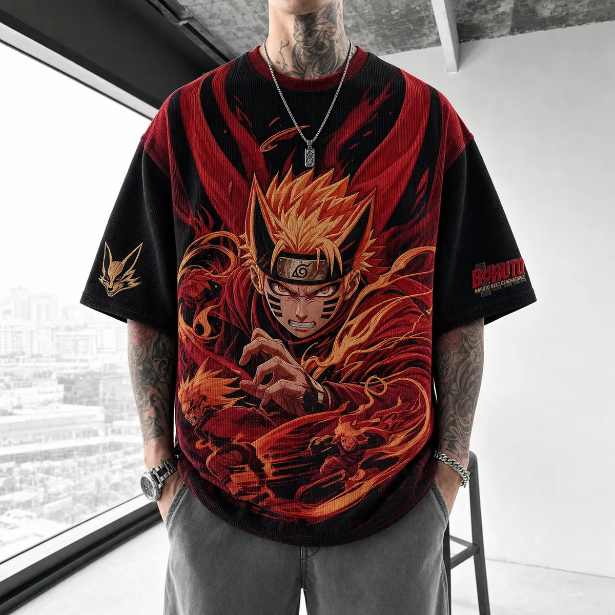 Unisex Oversized Anime-Print Vertical-Stripe Short-Sleeve T-Shirt