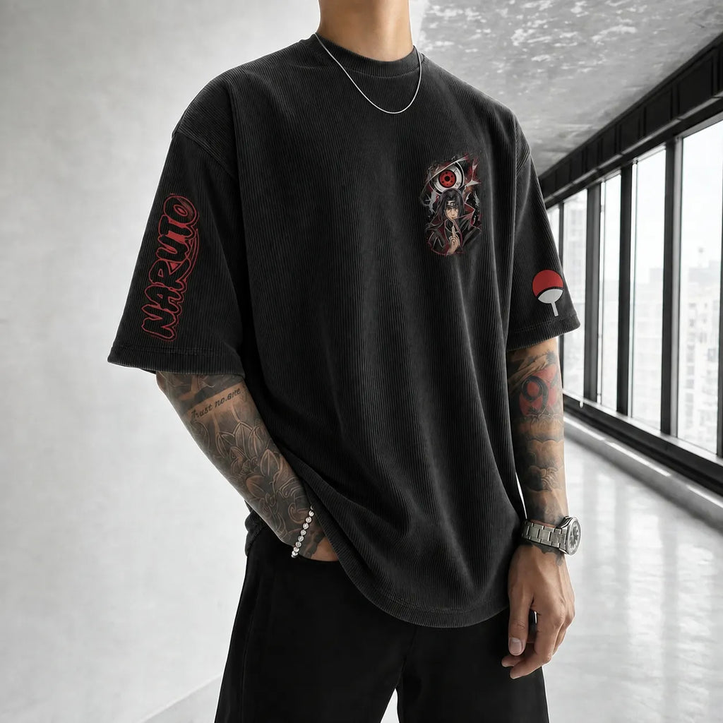 Unisex Anime-Style Retro Corduroy Oversized T-Shirt