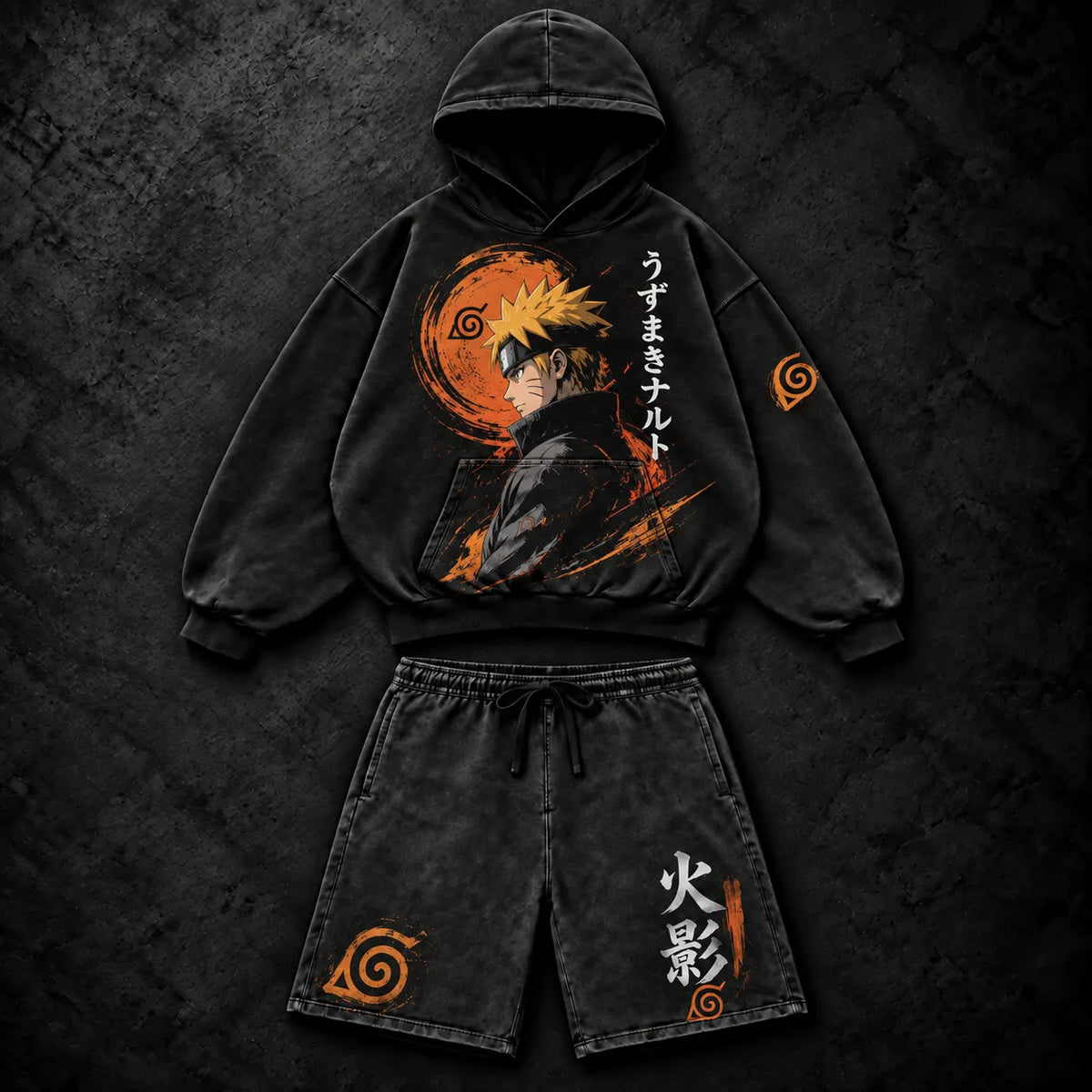 Naruto- Unisex Distressed Hoodie and Shorts Set | Anime Graphic