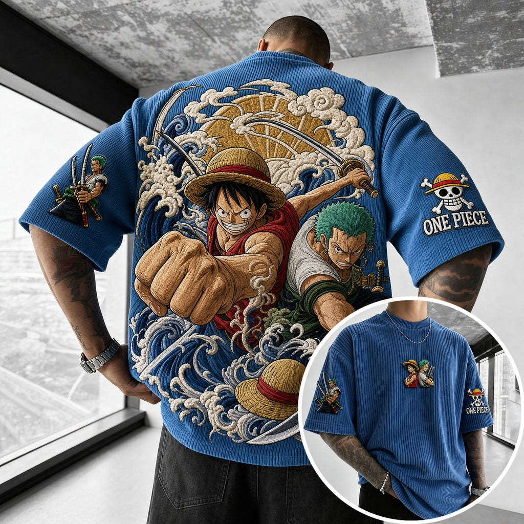 Unisex Anime-Style Retro Corduroy Oversized T-Shirt