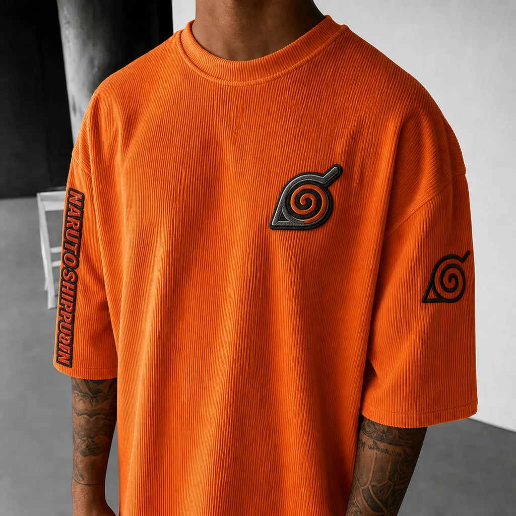 Unisex Anime-Style Retro Corduroy Oversized T-Shirt