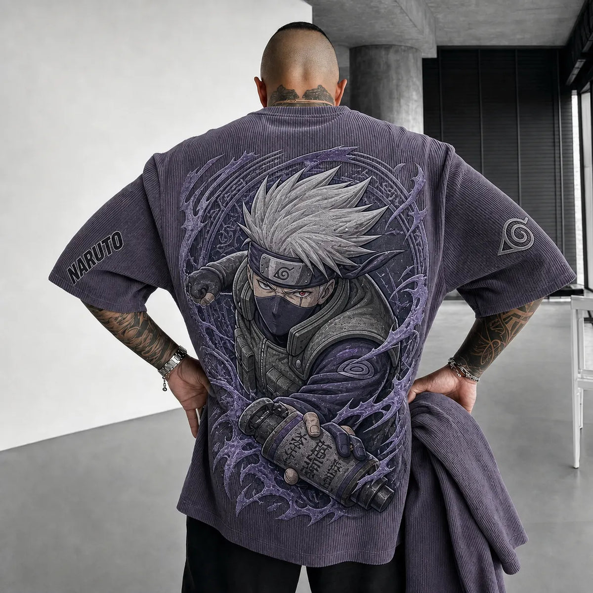 Unisex Anime-Style Retro Corduroy Oversized T-Shirt