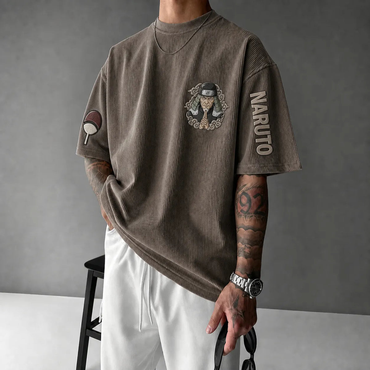 Unisex Anime-Style Retro Corduroy Oversized T-Shirt