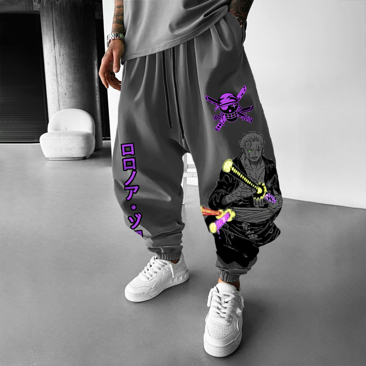 Unisex Cartoon Straw Hat Pirate Print Loose Regular Athletic Pants