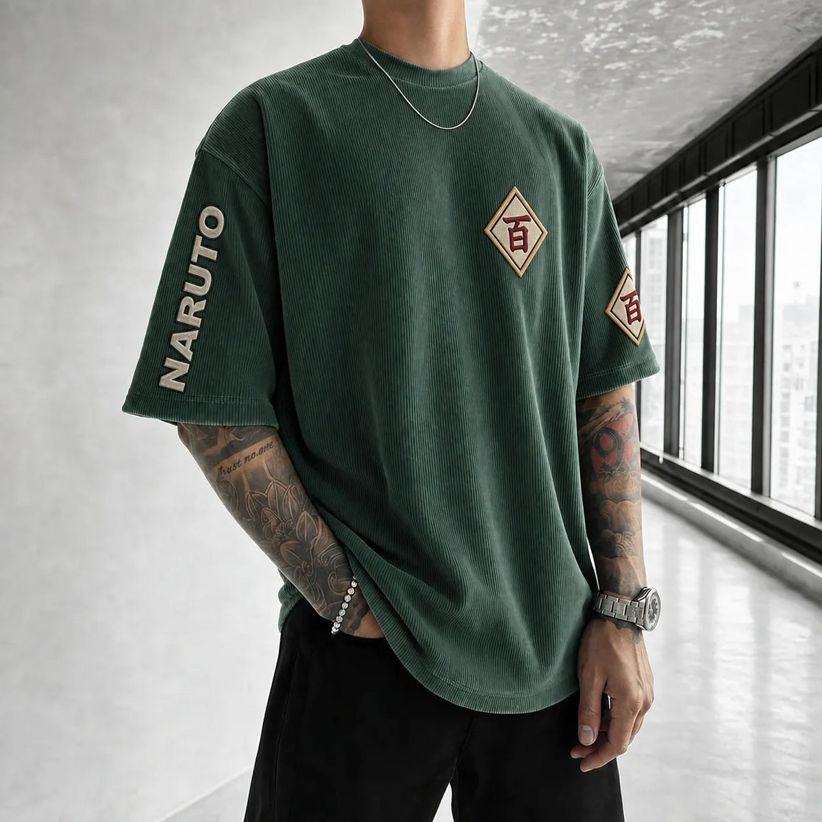 Unisex Anime-Style Retro Corduroy Oversized T-Shirt