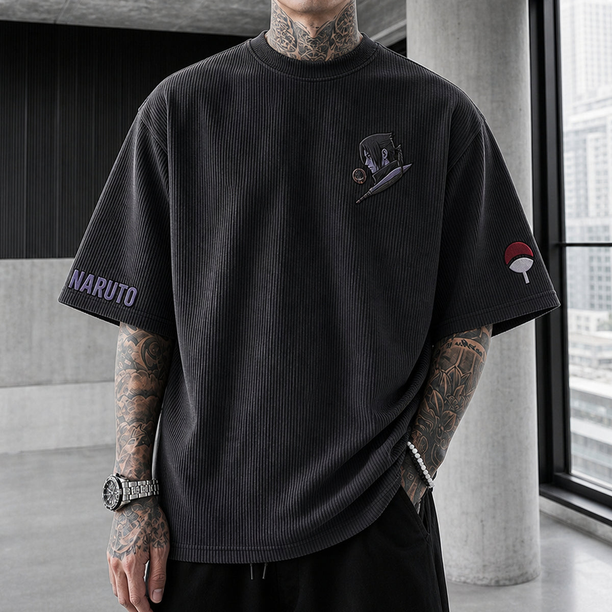 Unisex Anime-Style Retro Corduroy Oversized T-Shirt