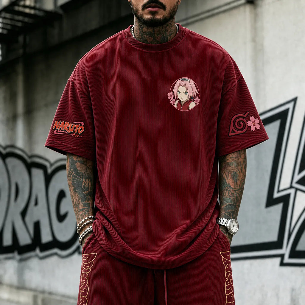 Unisex Anime-Style Retro Corduroy Oversized T-Shirt