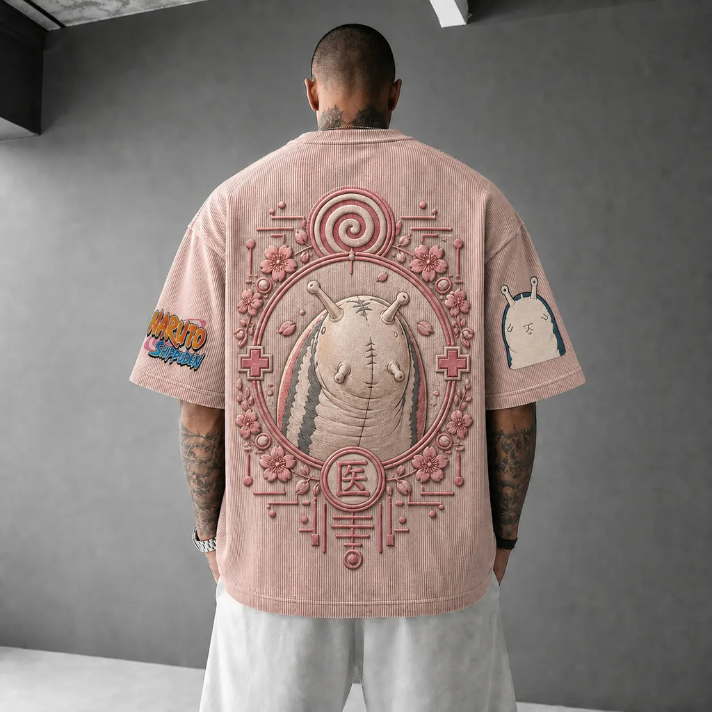 Unisex Anime-Style Retro Corduroy Oversized T-Shirt