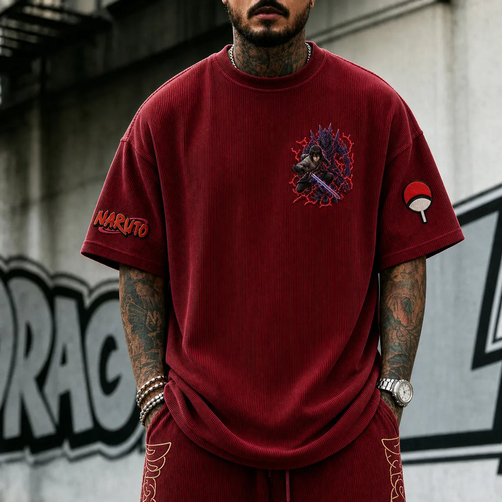 Unisex Anime-Style Retro Corduroy Oversized T-Shirt