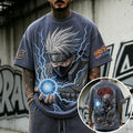 Unisex Oversized Anime-Print Vertical-Stripe Short-Sleeve T-Shirt
