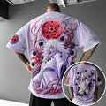 Unisex Oversized Anime-Print Vertical-Stripe Short-Sleeve T-Shirt