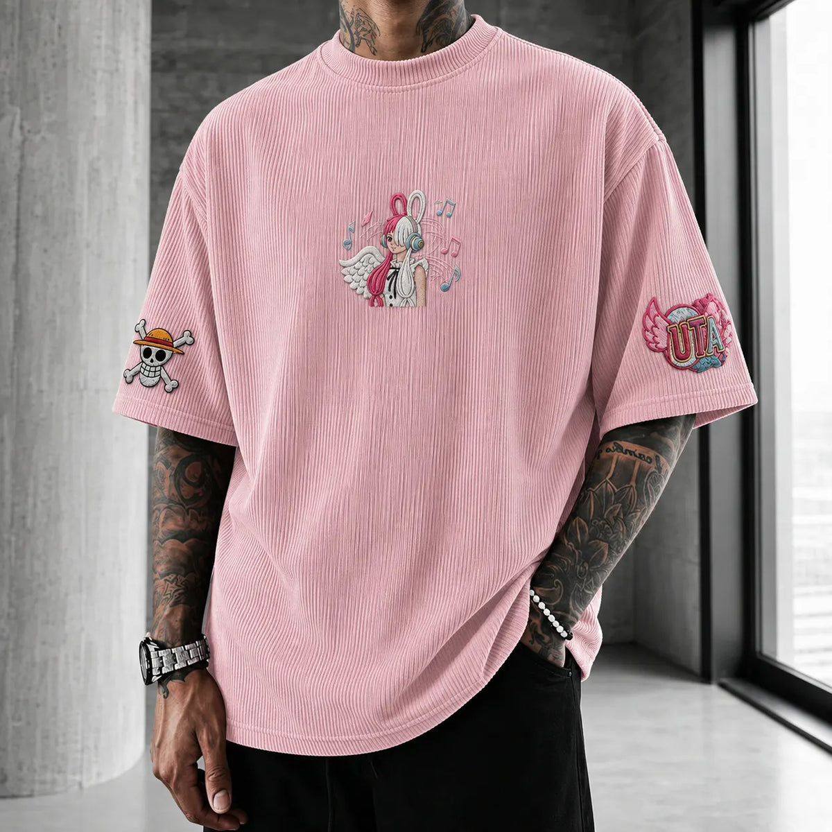 Unisex Anime-Style Retro Corduroy Oversized T-Shirt