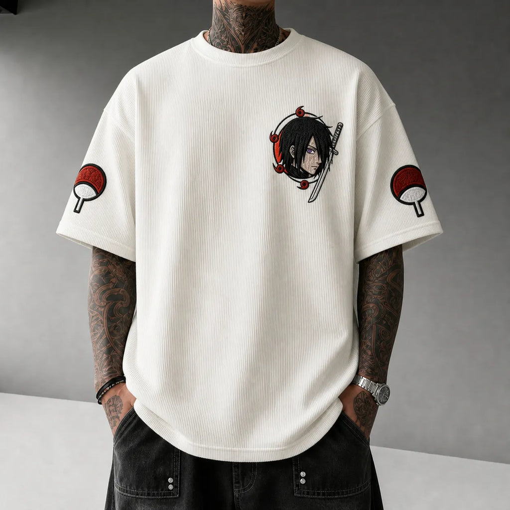 Unisex Oversized Anime-Print Vertical-Stripe Short-Sleeve T-Shirt