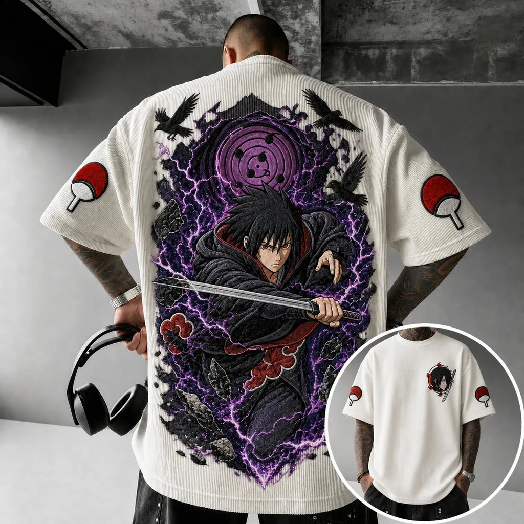 Unisex Oversized Anime-Print Vertical-Stripe Short-Sleeve T-Shirt