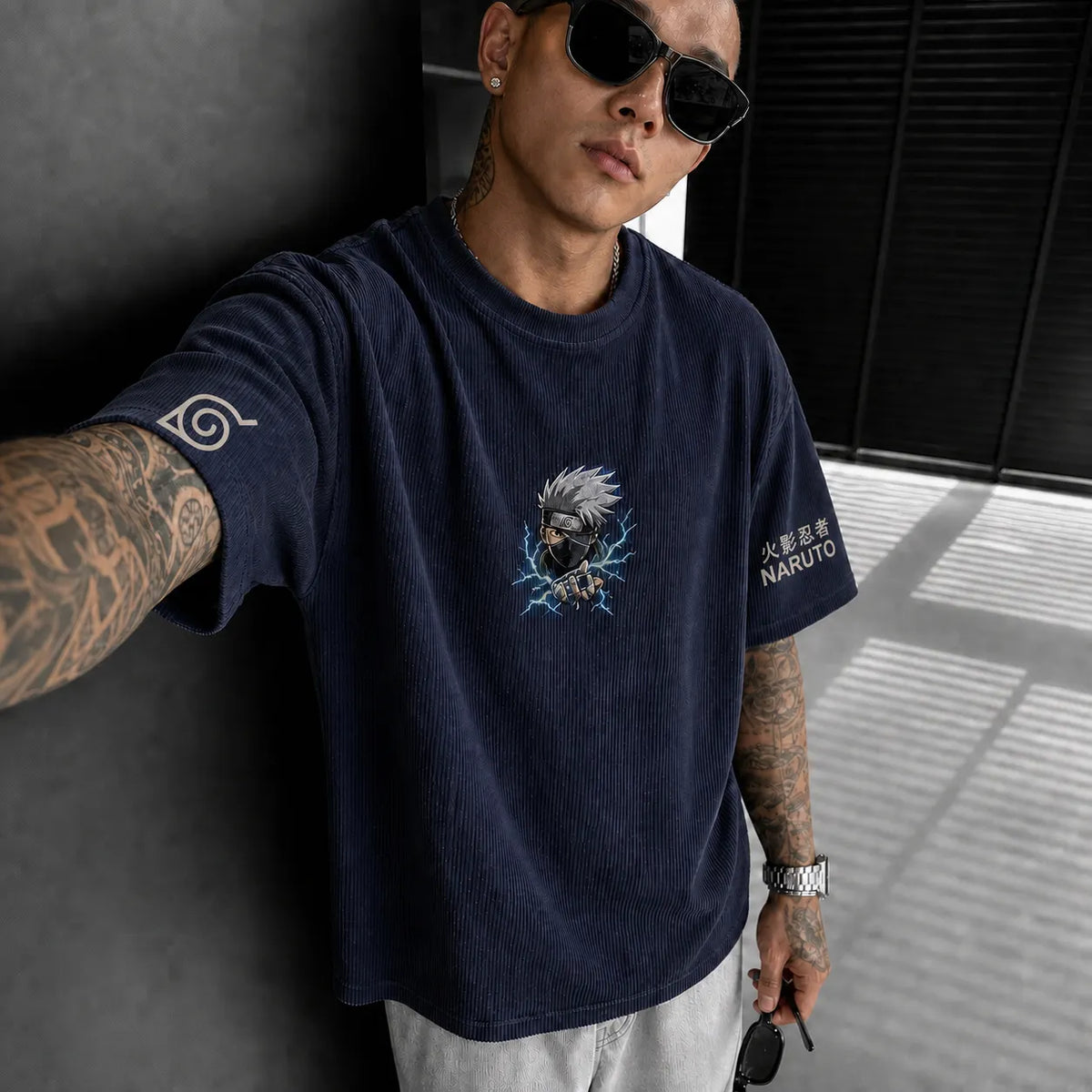 Unisex Anime-Style Retro Corduroy Oversized T-Shirt