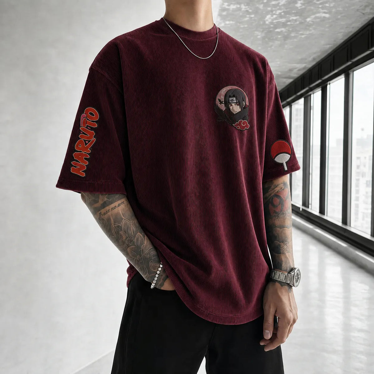 Unisex Anime-Style Retro Corduroy Oversized T-Shirt