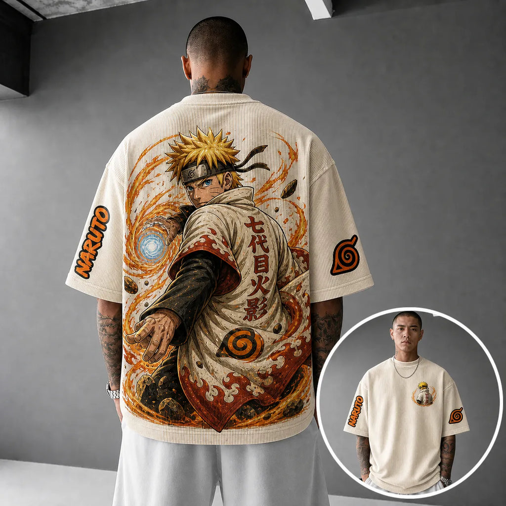 Unisex Anime-Style Retro Corduroy Oversized T-Shirt