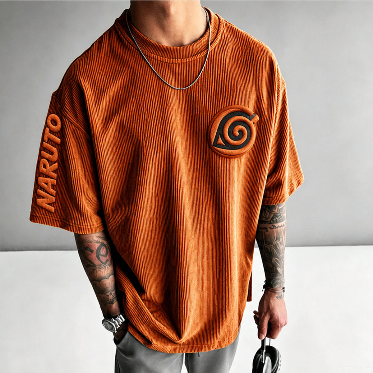 Unisex Anime-Style Retro Corduroy Oversized T-Shirt