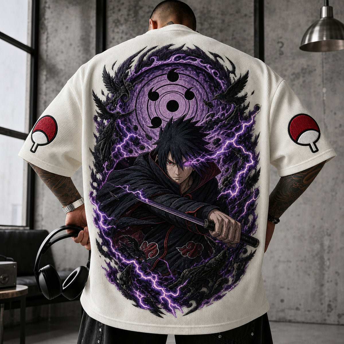Unisex Oversized Anime-Print Vertical-Stripe Short-Sleeve T-Shirt
