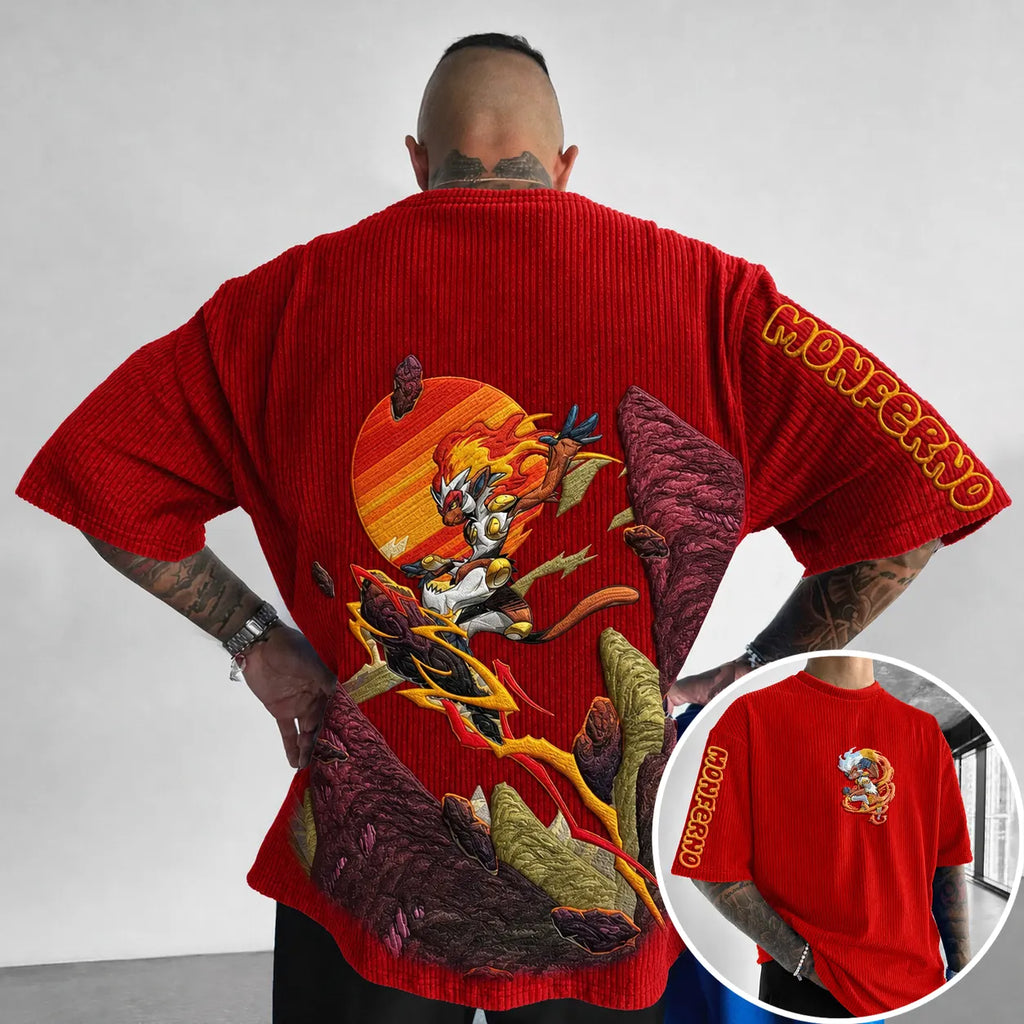 Unisex Anime-Style Retro Corduroy Oversized T-Shirt