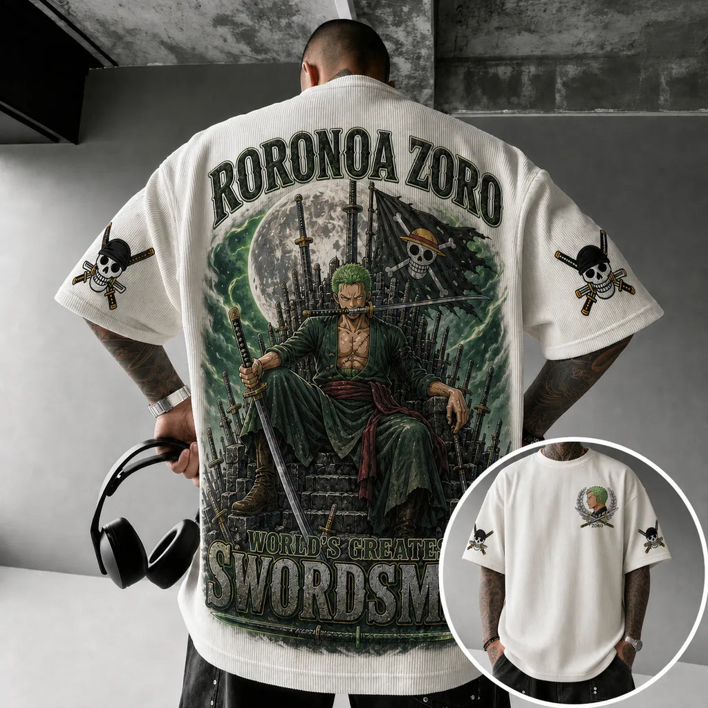 Unisex Oversized Anime-Print Vertical-Stripe Short-Sleeve T-Shirt