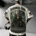 Unisex Oversized Anime-Print Vertical-Stripe Short-Sleeve T-Shirt